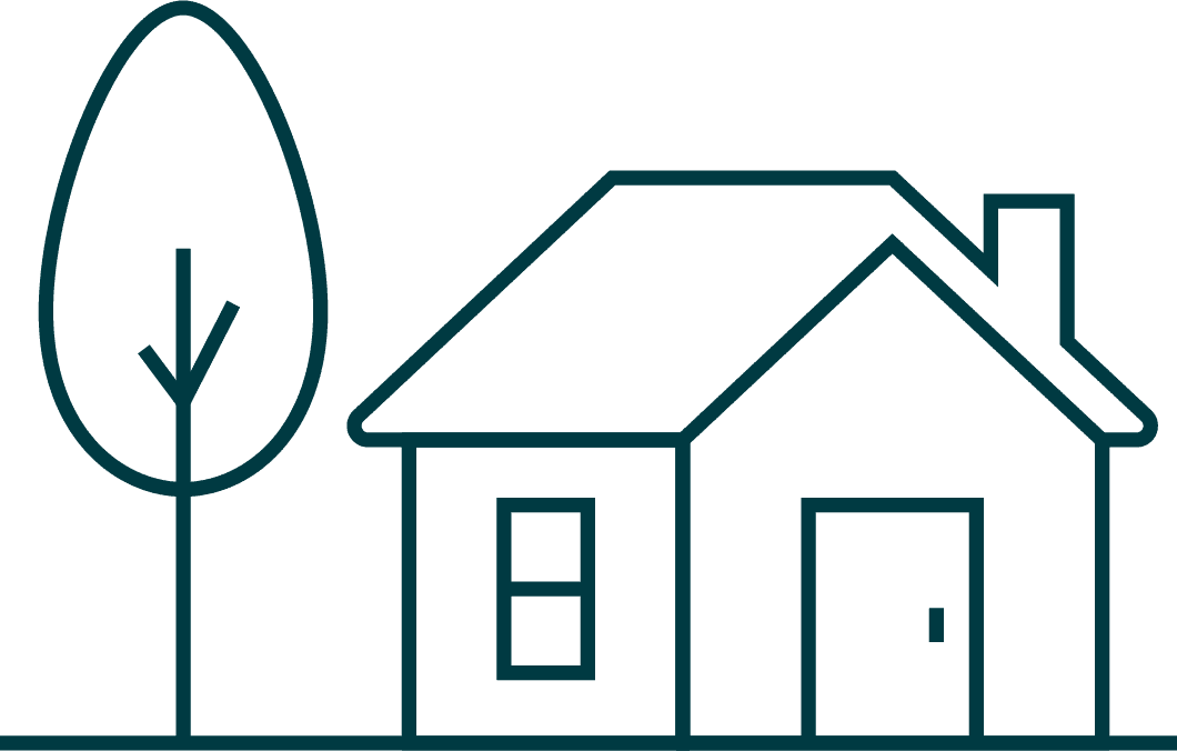 Simple line drawing of a house with a chimney, door, and window, next to a tall tree with a rounded top on the left. The image uses clean, minimalistic dark lines on a light background.