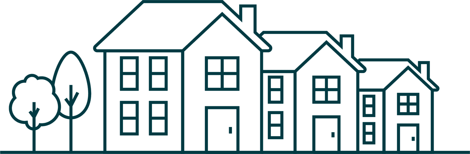 A simple line drawing of three houses of varying sizes, each with windows and doors, standing side by side. Two stylised trees are on the left side of the houses.