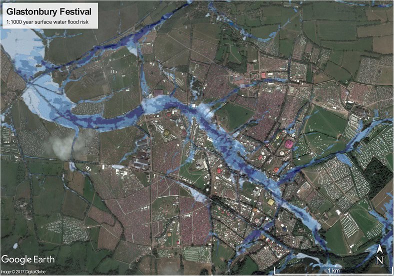 Surface water flood risk map of the Glastonbury Festival site, Worthy Farm, Somerset