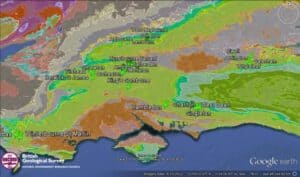 Geological map of areas affected by groundwater flooding across southern England, with affected chalk villages labelled.