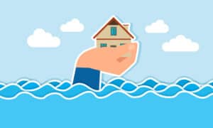 Flat illustration of a hand holding a house above rising flood water, a visual for flood risk and mortgage lending in the UK.