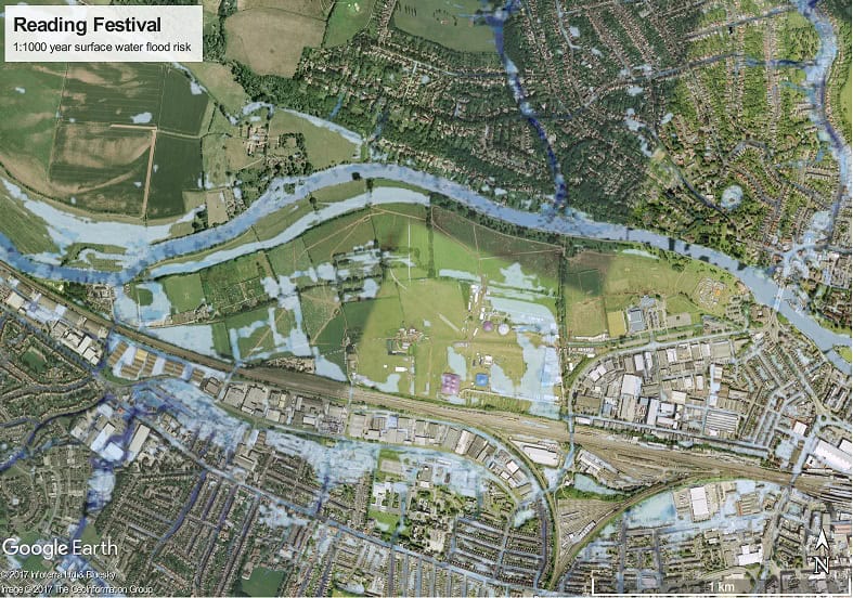 Surface water flood risk map of the Reading Festival site, Little John's Farm, Berkshire