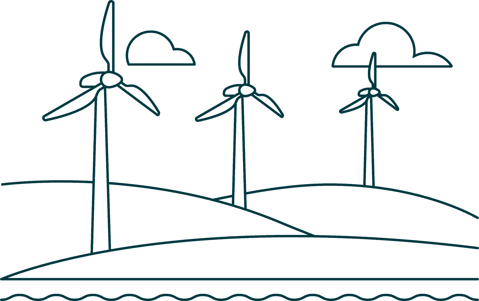 Line drawing of three wind turbines on rolling hills with two clouds in the sky and water in the foreground, representing a renewable energy landscape.