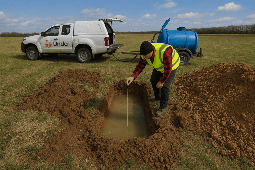 Unda consultant dipping a measuring tape into a water-filled trial pit during BRE365 infiltration testing in a field.