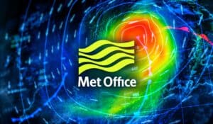 Met Office logo over a weather chart of a deep low pressure system with isobars and fronts, illustrating Met Office flood management.
