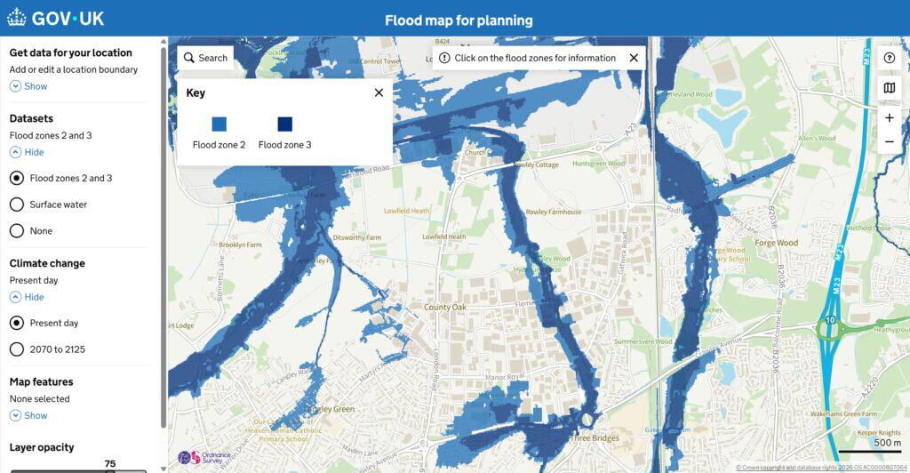 Flood Map for Planning viewer showing the rivers and sea Flood Zones layer