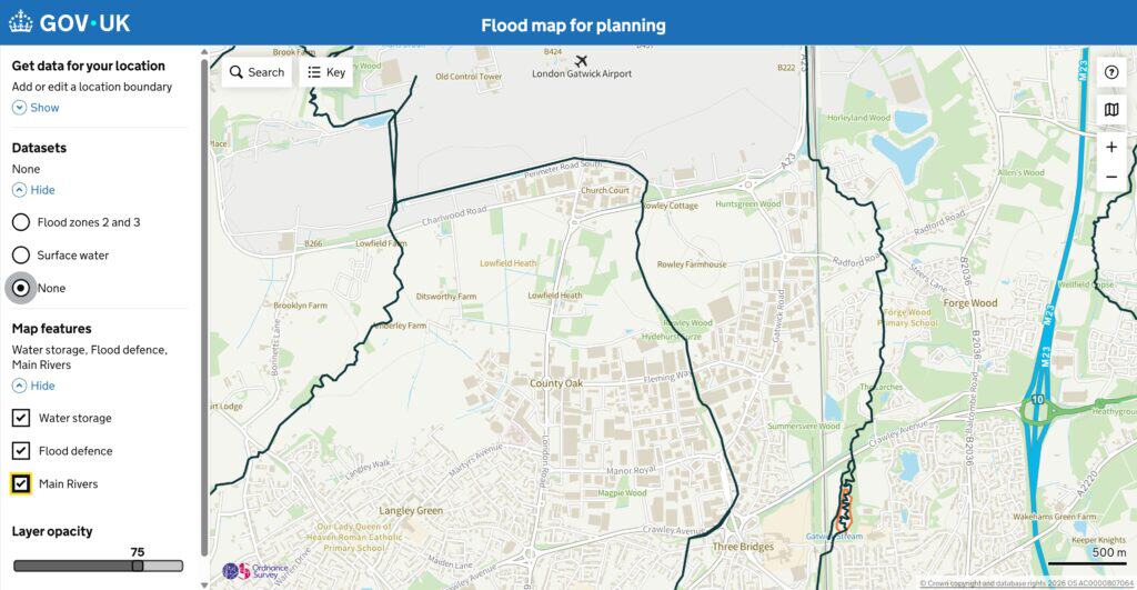 Flood Map for Planning viewer showing supporting map features including flood defences and main rivers