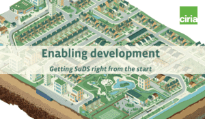 Cover of CIRIA's C823F guide promoting early SuDS planning, with an illustrated development showing a pond, swales and green open space.