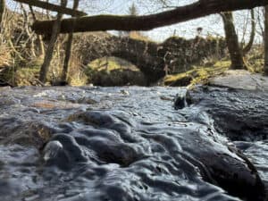 Water running over rocks beneath an old stone arch bridge over an upland stream, reflecting the water and environmental management field that CIWEM represents.
