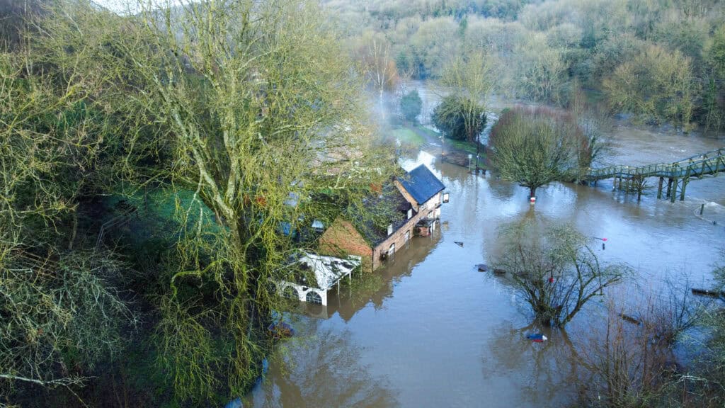 Rapidly rising floodwater overwhelms The Boat Inn at Jackfield