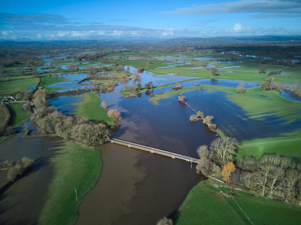 The River Severn inundates farmland
