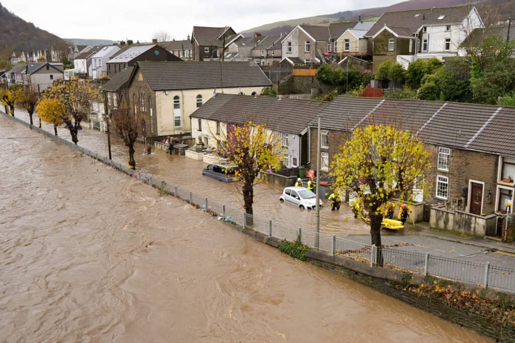 In Wales, The River Taff burst its banks following heavy rain from Storm Bert in November 2024