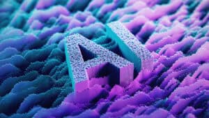 Abstract 3D data landscape in teal and purple, representing AI in flood risk management and the data behind flood prediction.