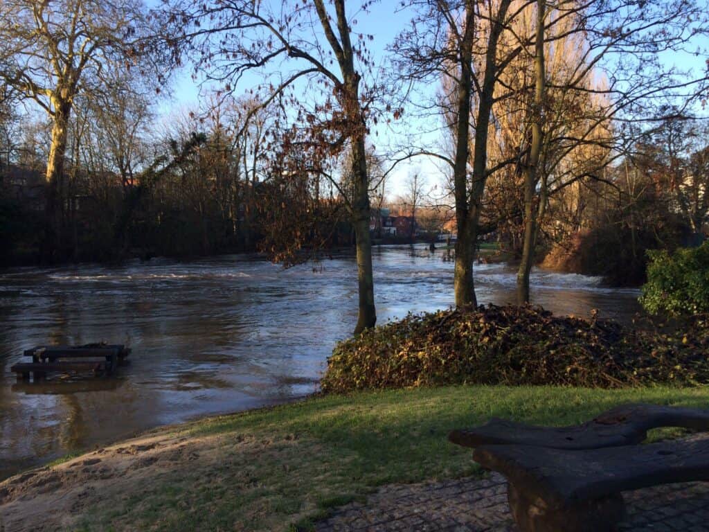 River Wey in the centre of Guildford, during the floods of 2013