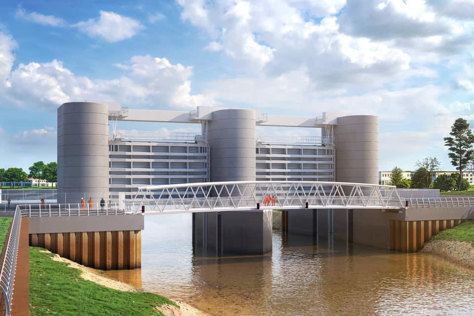 Construction work on the Bridgwater Tidal Barrier Scheme on the River Parrett in Somerset