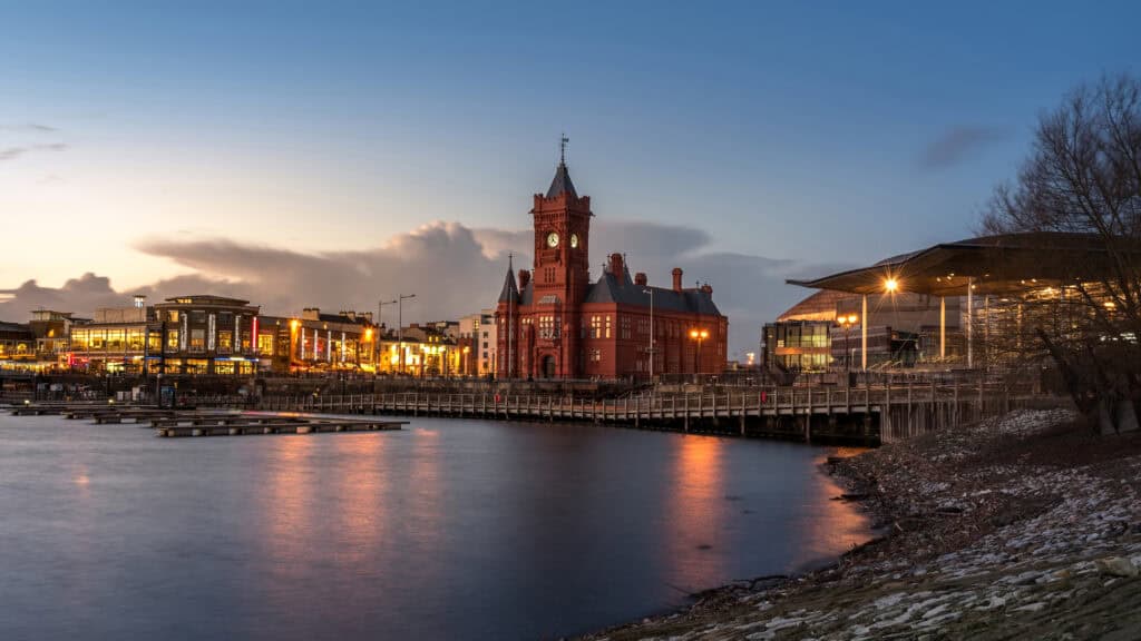 Cardiff Bay waterfront, exposed to coastal and river flooding from the River Taff