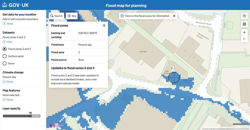 Flood Map for Planning showing Flood Zone 2, land at medium probability of river or sea flooding