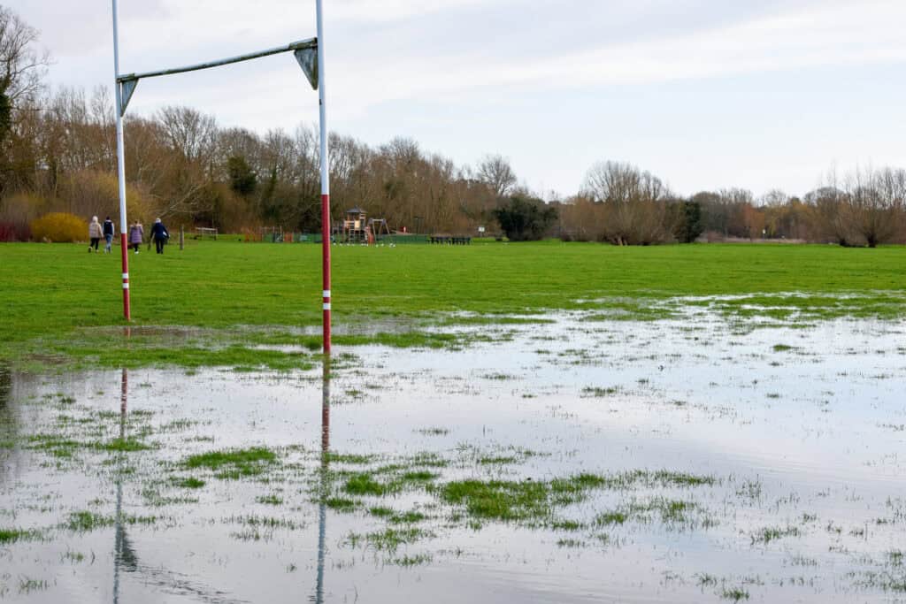 A rugby pitch flooded by groundwater