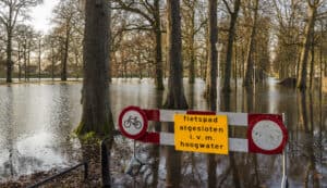 Flooded tree-lined avenue in the Netherlands behind a Dutch high-water sign, showing why source control matters in UK drainage.