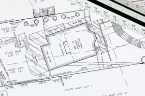 Measured site survey plan showing plot boundaries, dwellings and existing features, the base information used to develop drainage for planning permission.