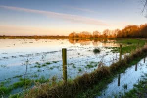 Flooded low-lying UK farmland at sunset, with standing water reflecting trees and sky across a fenced field boundary.