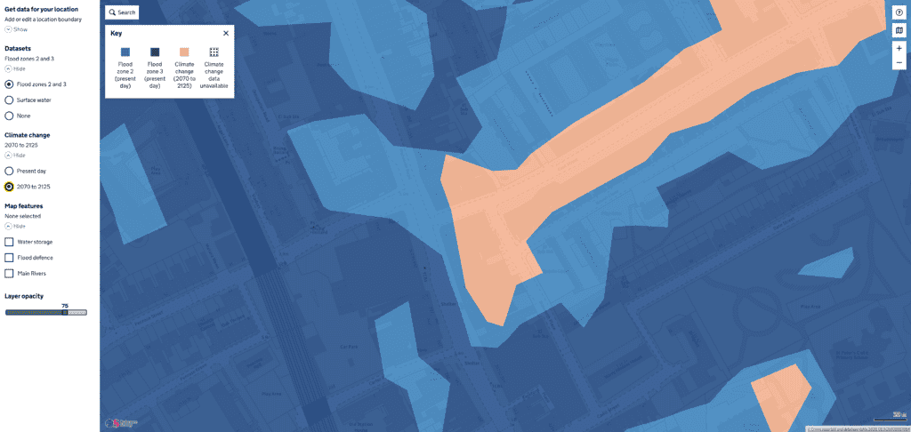 Flood map for planning showing Flood Zone 2, Flood Zone 3 and climate change extents in London.