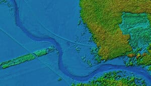 LiDAR elevation model of a river and floodplain, the kind of terrain data behind hydraulic models built to the EA river modelling technical standards.
