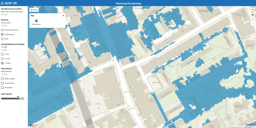 Flood map for planning screenshot showing surface water flood extent across an urban London area.