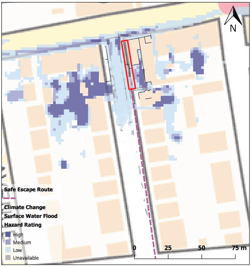 Map showing safe escape route from a residential infill site overlaid with surface water flood hazard ratings under climate change