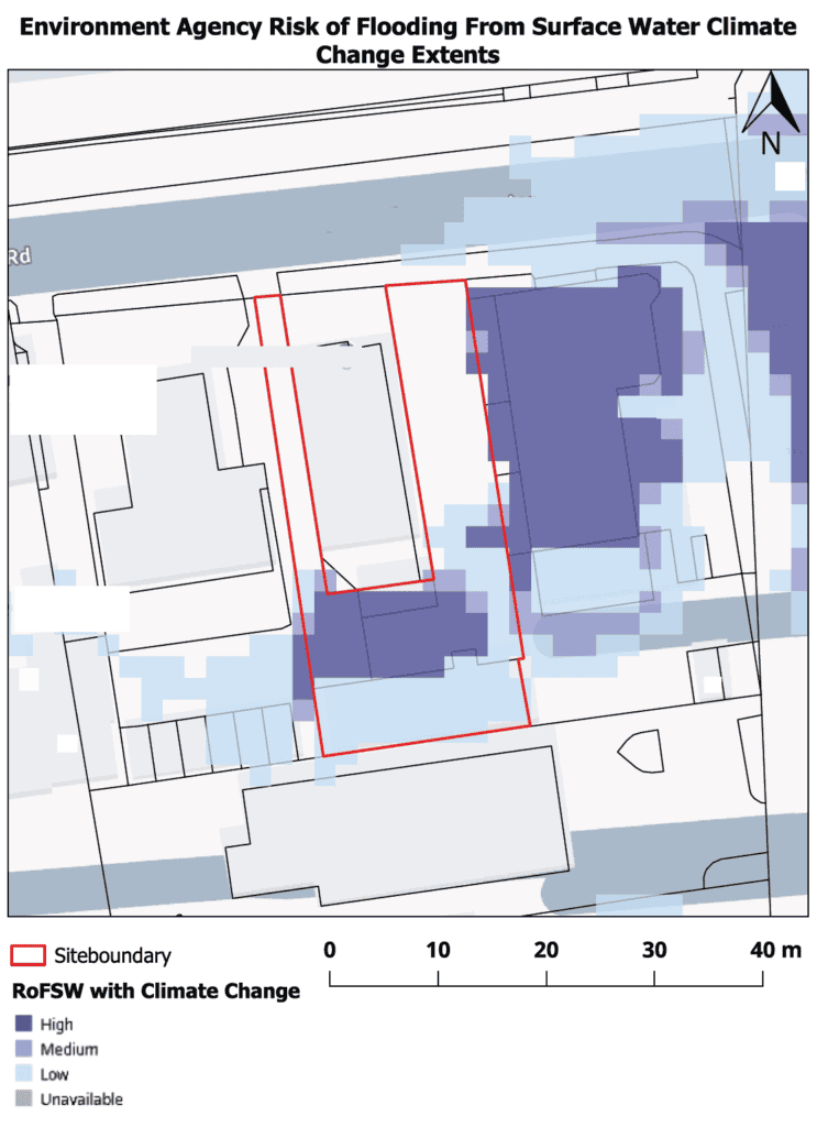 Surface water flood risk map showing high and medium risk affecting parts of the site boundary under climate change conditions