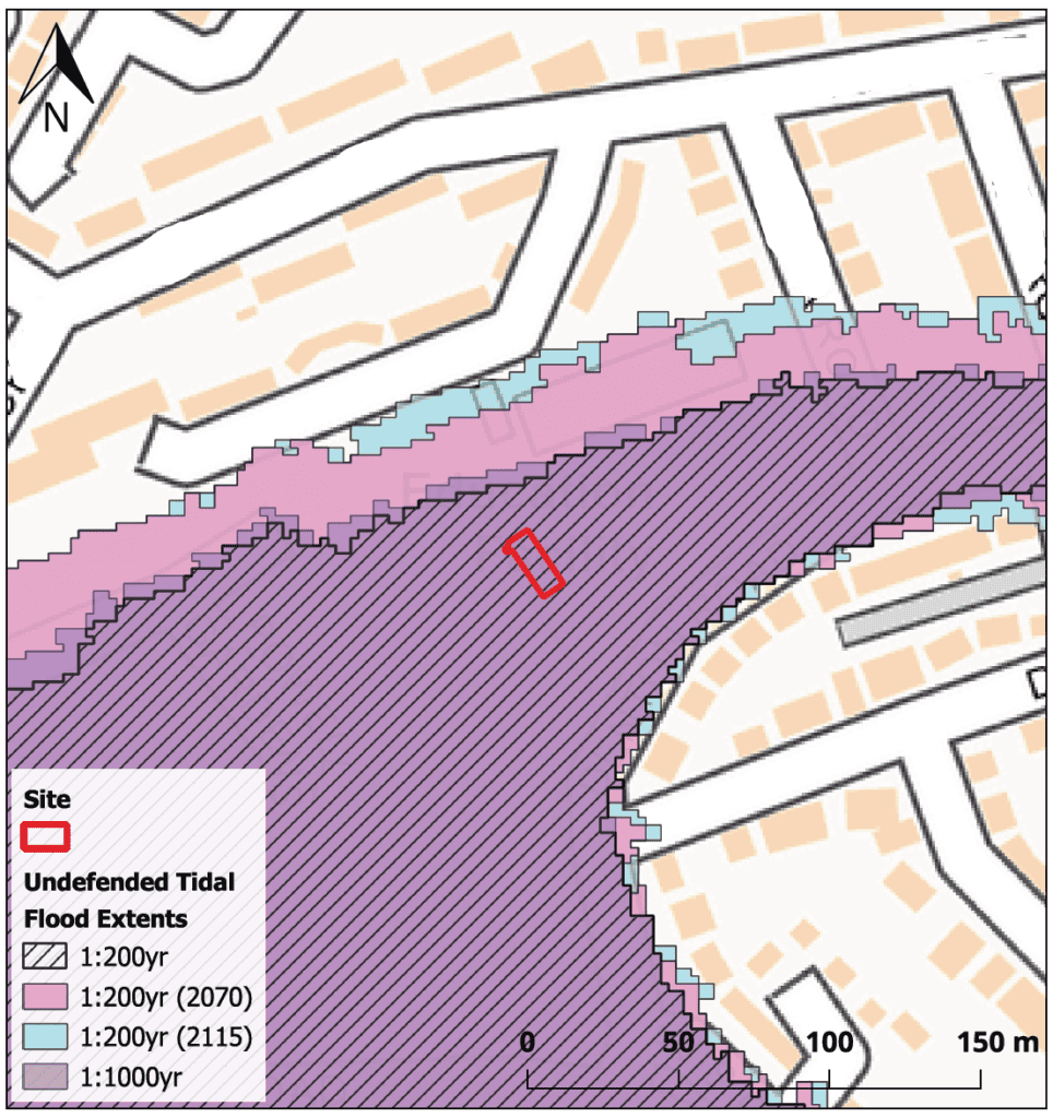 Map showing undefended tidal flood extents affecting a site in Flood Zone 3, with the proposed extension highlighted and surrounding 1 in 200 and 1 in 1000 year flood extents.