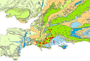 Groundwater flood risk map UK showing groundwater flood warnings (triangles) and alerts (dots) on the Chalk aquifer in Wessex, February 2020.