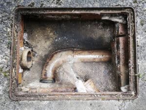 Open foul drainage inspection chamber with weathered pipework, the kind of accessible access point Building Regulations Part H foul water rules require.