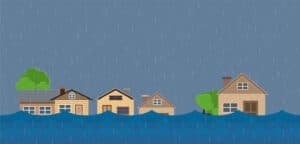 Illustration of UK houses sitting in floodwater during heavy rain, accompanying an article on flood performance certificates.
