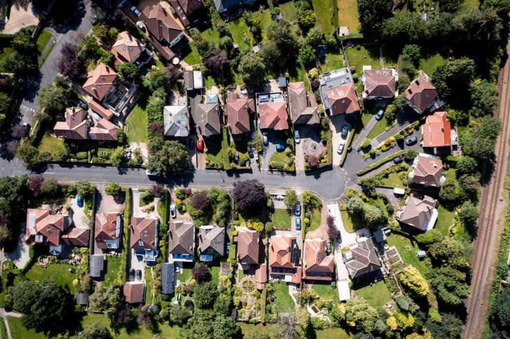 Aerial view of an established residential neighbourhood of the kind assessed in a retrospective flood risk assessment near the River Ems.