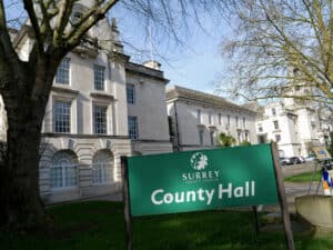 Surrey County Council's County Hall sign, one of the county councils being replaced under local government reorganisation.
