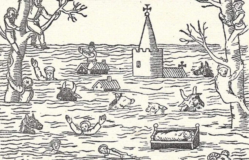 Historical woodcut of a great flood drowning a village and its church, evoking the back-to-back flooding of Europe's medieval past.