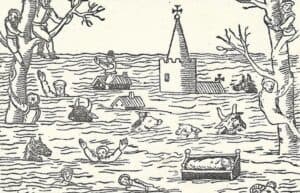 Historical woodcut of a great flood drowning a village and its church, evoking the back-to-back flooding of Europe's medieval past.