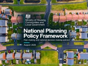 Cover graphic for the NPPF August 2026 over an aerial view of a new-build housing estate, for an article on its flood risk and drainage changes.