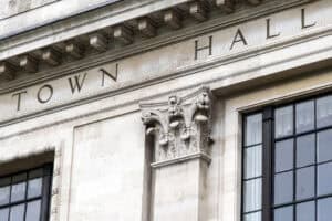 Carved stone Town Hall façade, representing the local planning authority that consults a statutory consultee on a planning application.