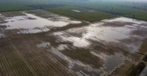 Surface water flooding across flat arable farmland, the kind of surface-water-only site the surface water sequential test exemption applies to.