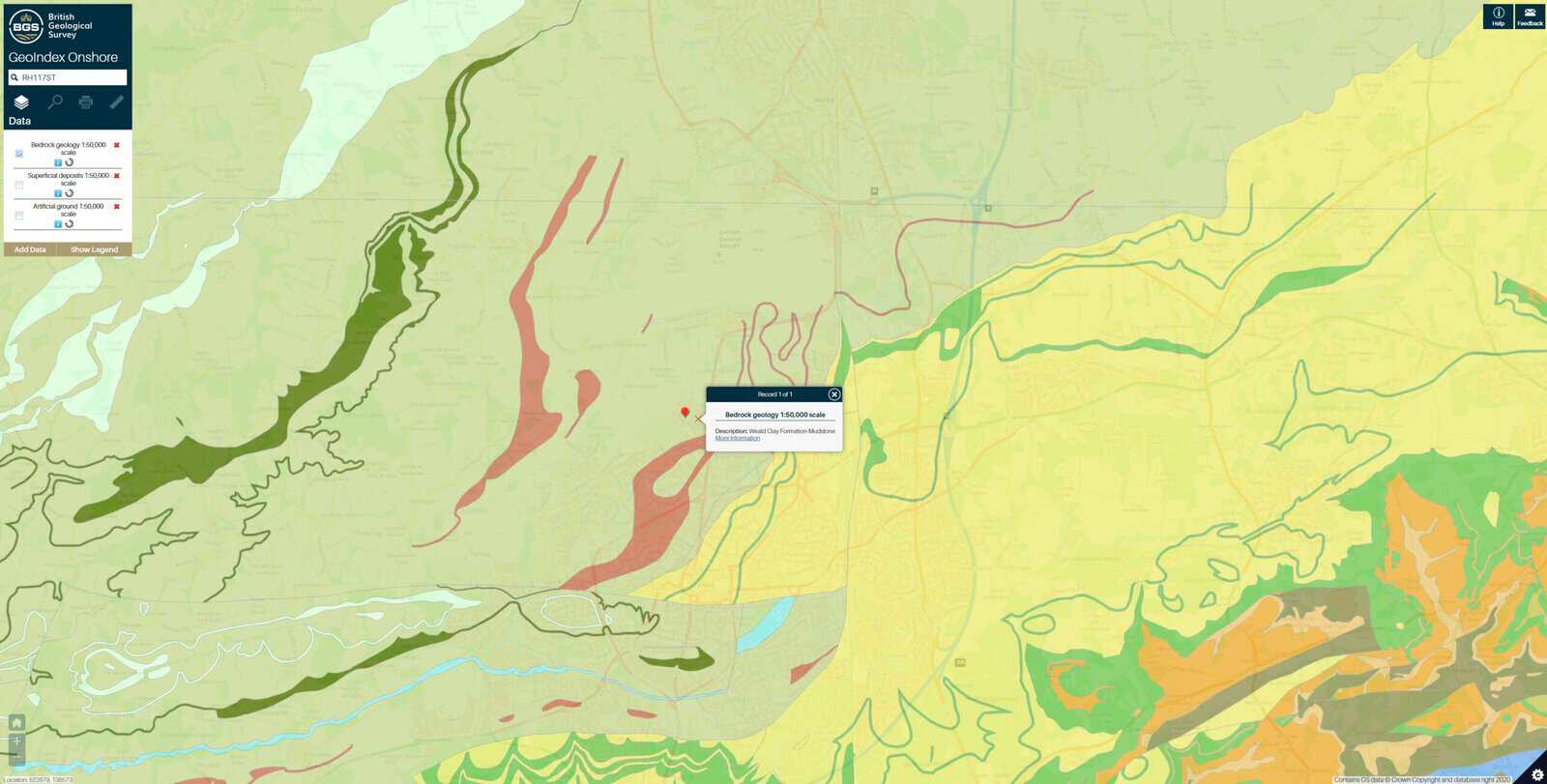 British Geological Survey GeoIndex viewer with the bedrock layer on, returning Weald Clay Formation mudstone for a searched postcode.