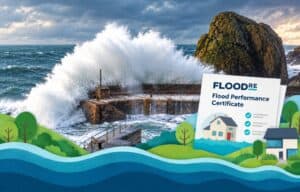 Illustrative flood performance certificate beside a storm wave breaking over a harbour wall, with papercraft homes and hills.