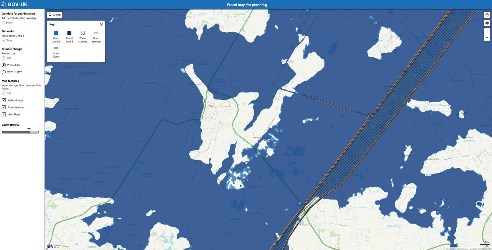 Flood map for planning showing Flood Zone 3 across the pumped fen around Chatteris, where the cold store purchase sat.