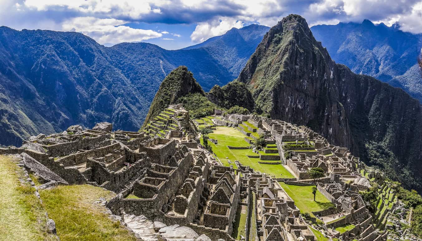 Aerial view of the terraces, plaza and urban sector that sit above the Machu Picchu drainage system on the ridge.