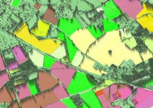 Coloured land parcel classification draped over LiDAR relief, a figure built from source data rather than a MAGIC map extract.