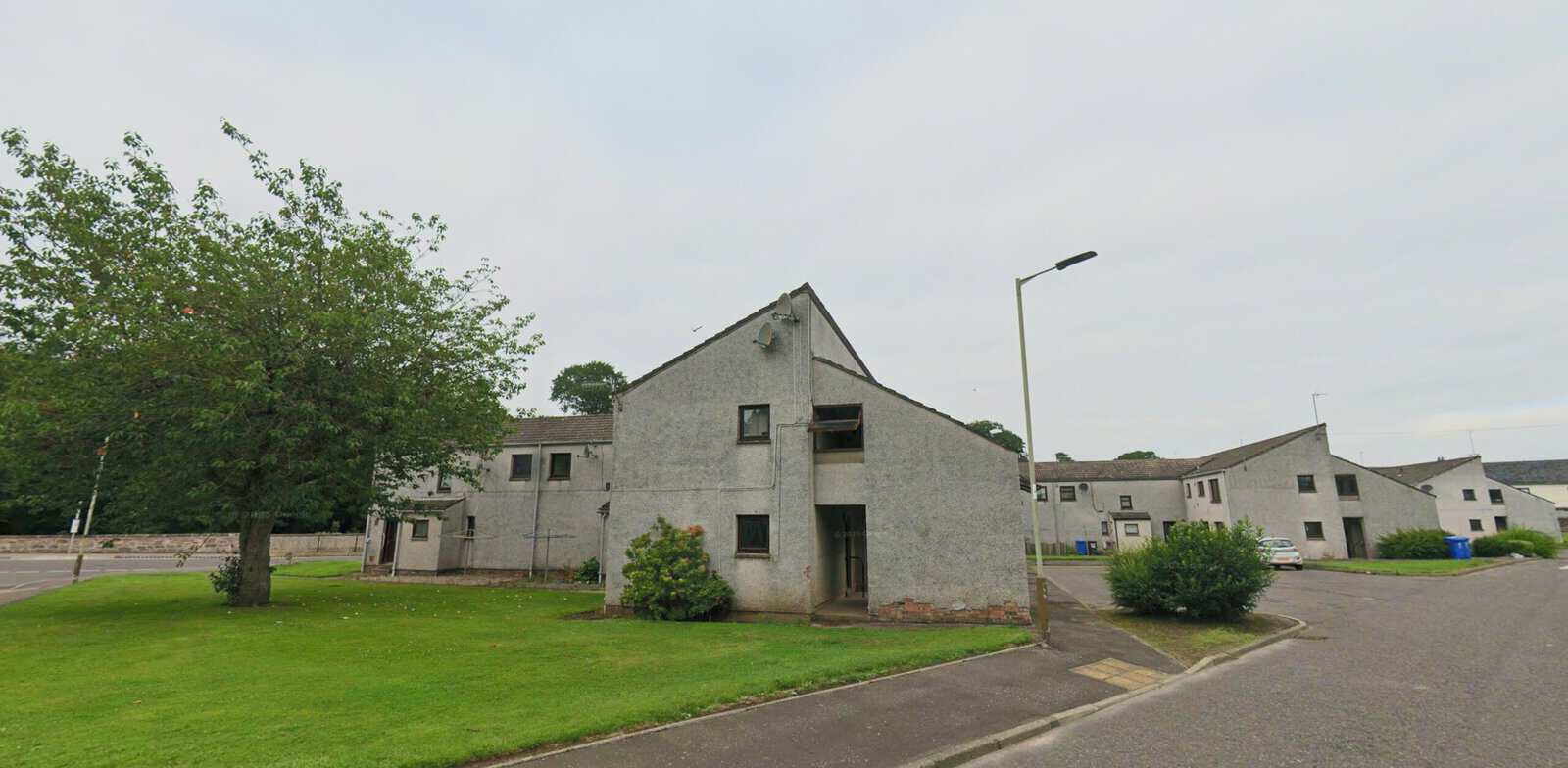 Council flats in the River Street area of Brechin, where managed retreat follows Storm Babet flood damage.