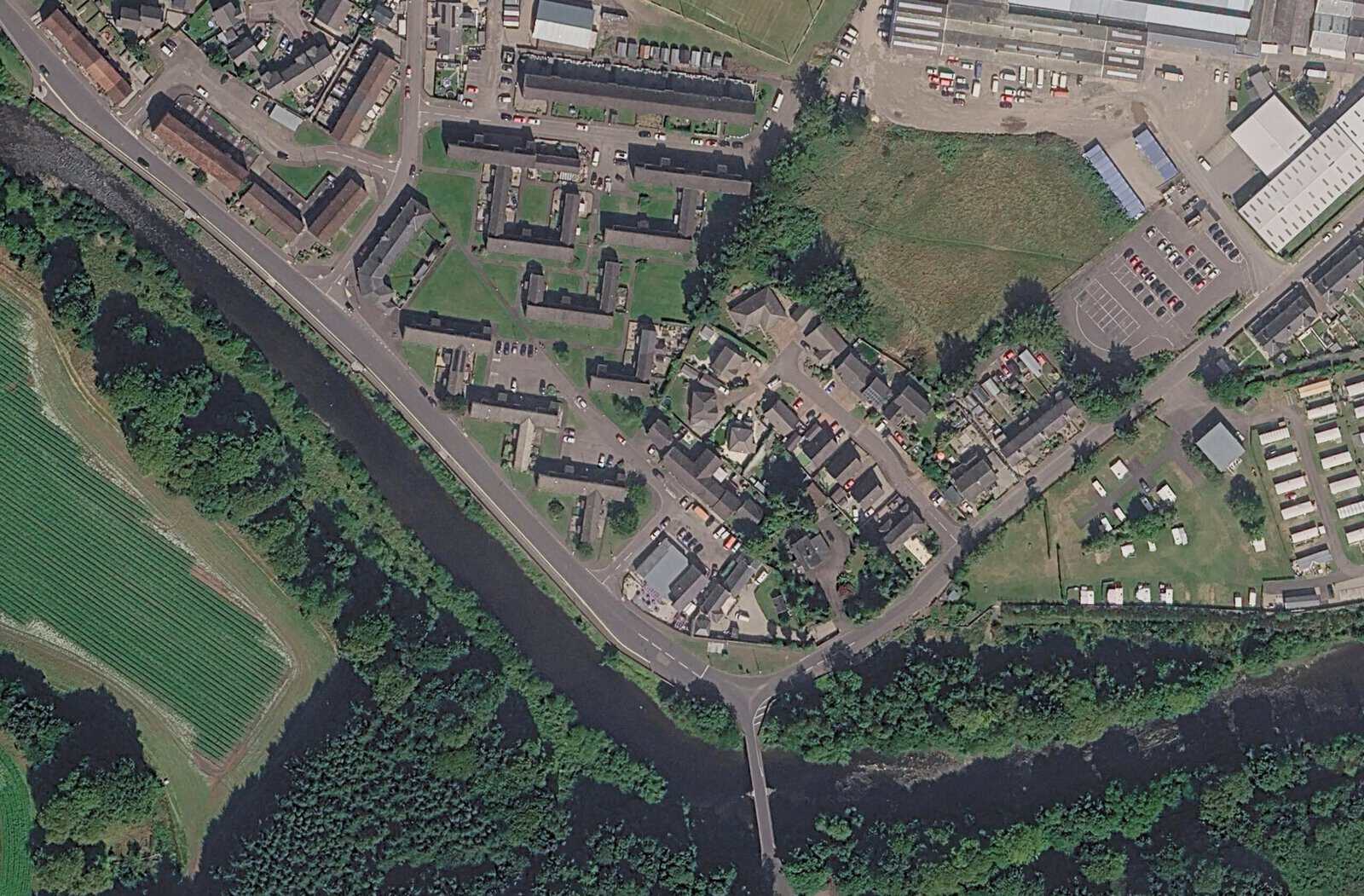 Aerial view of the River Street area of Brechin beside the River South Esk, where managed retreat is now proposed.