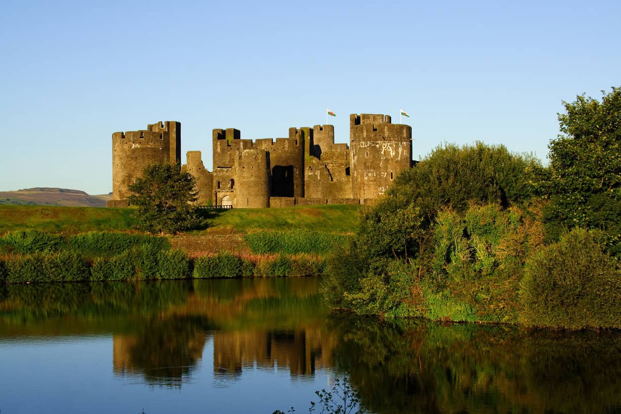 Caerphilly Castle above the lakes impounded by its medieval dams, an example of medieval drainage at landscape scale.