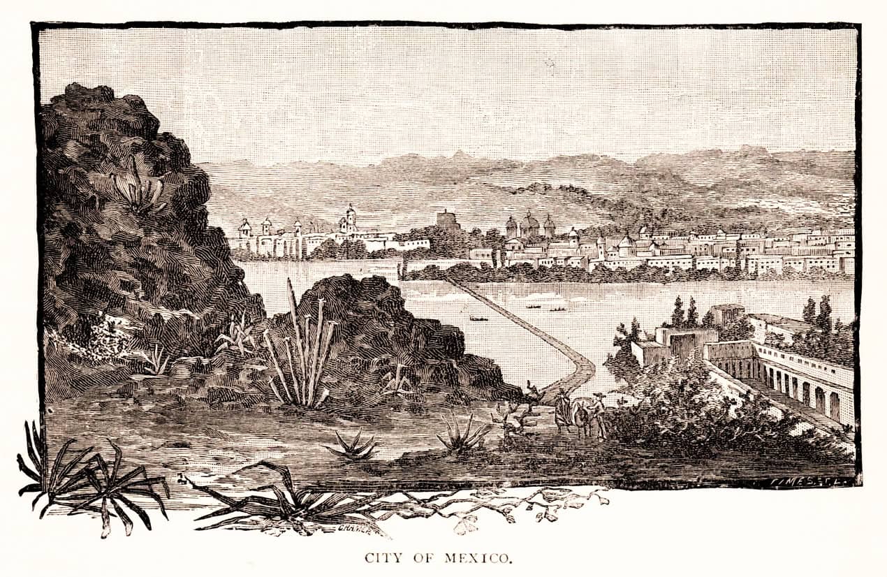 Nineteenth-century engraving of Mexico City across open water in the basin, before the drainage behind the Mexico City sinking finished.